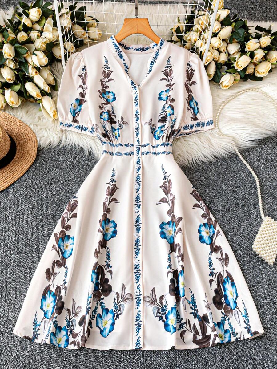 DreamSkyne Women's Elegant White Summer Mini Dress,Collared Short Sleeve Print Sun Dress For Bachelorette Party,Tea Party,Holiday,Business Casual Work Gown - Apricot - View 1