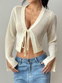 Breezaya Vacation Style V-Neck Long Sleeve Hollow Tie Bow Knot Thin Cardigan For Sunblock Fall Cloth For Women - Beige - View 4