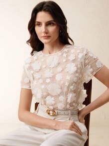 Anewsta Women's Elegant Round Neck Short Sleeve Floral Mesh Hollow Blouse - White - View 7