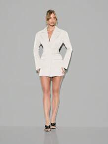 KIZN 修身西装迷你连衣裙，双排扣设计，收腰设计，配有腰带，适合专业办公室、派对、晚宴等场合的职业装 - 米色 - 查看 5