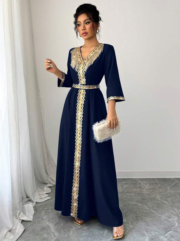 Elenzga Damen elegantes Fransen- & Pailletten-Patchwork-Kleid - marineblau - Übersicht 1