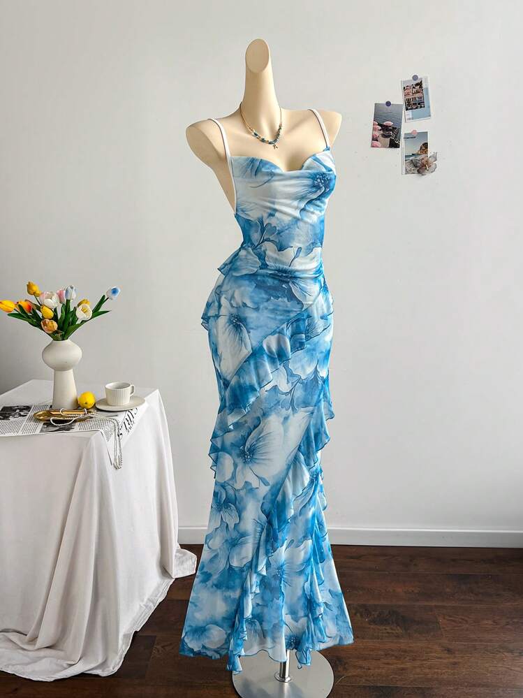 hermione granger yule ball dress blue Ombre Royal Blue Flutter Sleeve Tiered Formal Dress