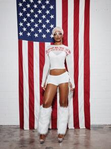 SUMWON WOMEN Statement Long Sleeve Mesh Top Workout Shirt Festival Gothic Text Cropped Fashion Gym Activewear - White - View 5