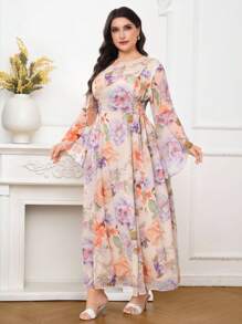 Veilorie Plus Size Elegant Floral Print Flare Sleeve Dress - Apricot - View 6