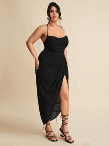 SHEIN BAE 大码女式夏季纹理性感开叉大腿礼服，女士夏季连衣裙，女士婚礼宾客礼服 - 黑色 - 查看 3