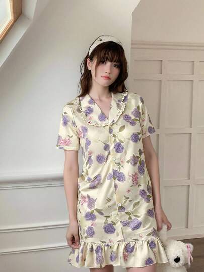 Teen Girl Elegant Floral Print Short Sleeve Maxi Nightgown Loungewear, Comfortable & Fashionable
