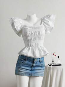 SHEIN Unity 褶皱细节紧身短款上衣，休闲百搭度假装，春夏