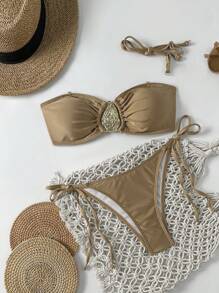 SHEIN 夏季新款闪亮面料可拆卸肩带金色配饰系带比基尼套装 - 咖啡棕 - 查看 1