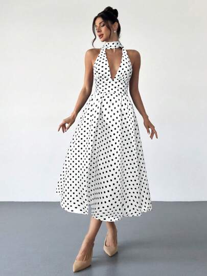 Firerie Women's Retro White With Black Polka Dots V-Neck Backside Tie Waist Midi Flare Dress,Elegant Summer Tea Party, Wedding Concert Vacation