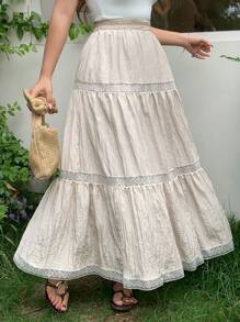 Dazy Plus 大码弹力腰带撞色蕾丝宽松A字裙度假装 - 杏色 - 查看 2