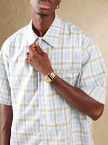 SUMWON Áo sơ mi Oxford tay ngắn cài nút cổ điển có túi ngực, áo phông nhẹ nhàng, phong cách đường phố, giản dị cho mùa xuân hè thu - Màu xanh lam - Xem 4