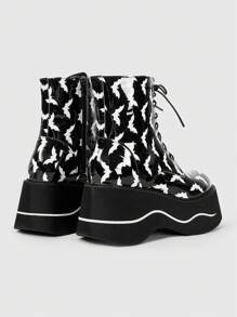 ROMWE Goth 女式厚底蝙蝠图案靴，朋克哥特风格系带踝靴，时尚拉链粗跟 Y2K 靴子，适合秋季、万圣节 - 黑色 - 查看 5