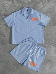 Manfinity Roghcode Herren Freizeitmode Straße Slogan Streifen Muster Hemd mit Kragen und kurzen Ärmeln und Shorts mit Kordelzug Taille, Sommer - Blau-Weiß - Übersicht 6
