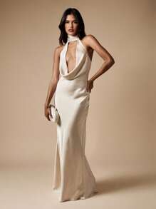 MISSGUIDED 优雅露背围脖前开襟晚礼服缎面婚礼招待会正式伴娘长裙特殊场合后背系带蝴蝶结