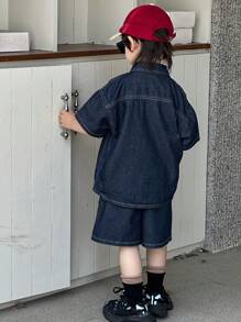 Dazy Kids 男童破洞牛仔短袖T恤和短裤套装，休闲 - 藍色 - 查看 5