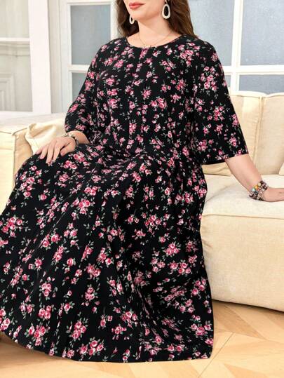 SHEIN Lacomfia Women's Loose Ruffle Pocket Ditsy Floral Casual Midi Dress, Romantic Elegant Comfortable, Suitable For Plus Size, Daily Wear