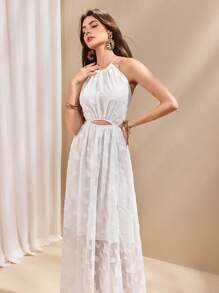 Almamuse Vestido de verano elegante de mujer con nudo cruzado y espalda descubierta, con abertura alta, estampado jacquard