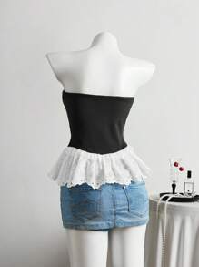 Elamini Women's Spring & Summer Cutout Embroidered Ruffled Hem Peplum Camisole Top - Black - View 2