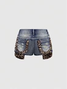 ROMWE J-Fashion Shorts cortos vaqueros mini con volantes y estampado de leopardo patchwork con estilo Y2K - Multicolor - Ver 1