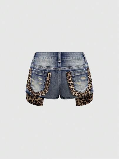J-Fashion Short en jean mini super court avec ourlet à volants, imprimé patchwork léopard Y2K
