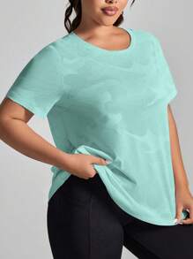 SHEIN Rhythm Era 女式加大码迷彩印花短袖透气舒适健身T恤健身房衬衫 - 水鴨藍 - 查看 6