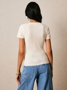 Poéselle Camiseta de manga corta de verano, elegante y entallada, con cuello en V profundo de unicolor para mujer