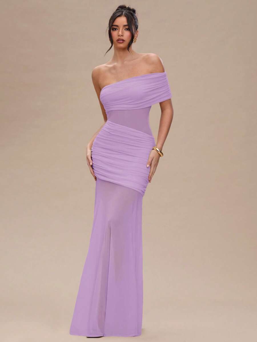 SHEIN BAE 女士夏季服装纯杏色褶皱性感透视长裙女士夏季连衣裙/舞会礼服/婚礼宾客礼服女士/毕业礼服