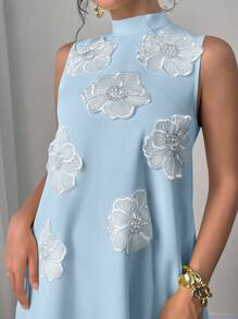 Modelyn 女士时尚优雅奢华厚重 3D 花卉图案宽松长款 A 字连衣裙，淡黄色 - 藍色 - 查看 5