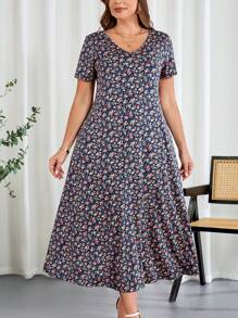 SHEIN Clasi 大码女式V领短袖中长碎花连衣裙，新娘妈妈连衣裙，夏季时尚 - 彩色 - 查看 7