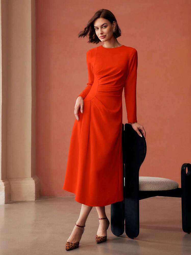 PREMIUM WOMEN SOLID RUCHED WAIST ZIPPER BACK DRESS - Orange - View 1
