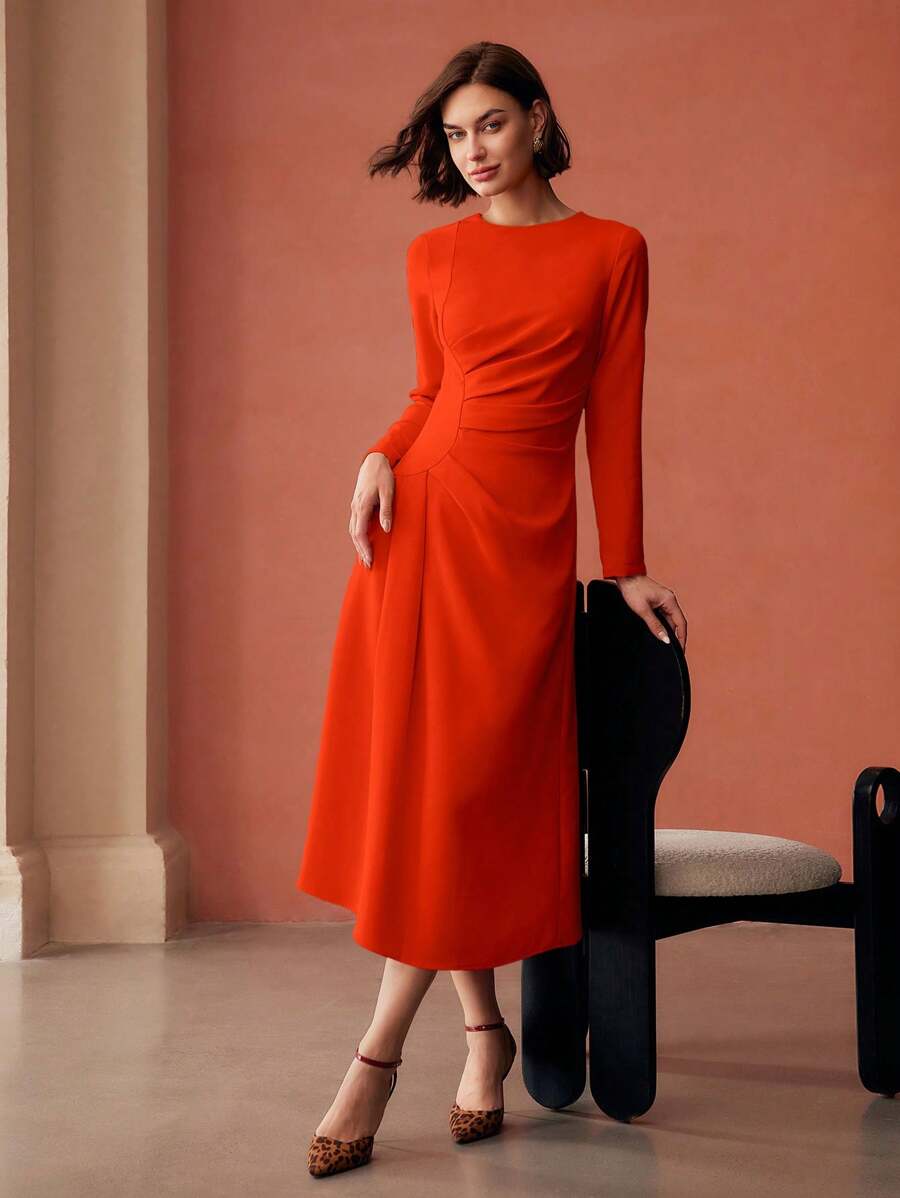 MOTF PREMIUM WOMEN SOLID RUCHED WAIST ZIPPER BACK DRESS