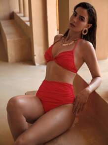 MOTF PREMIUM Bikini estivo con bustino arricciato, schiena scoperta e allaccio dietro il collo di colore unito
