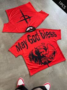 Manfinity EMRG Men Street Fashion Casual Summer Letter & Angel Demon Print Batwing Sleeve Loose T-Shirt Men Christian Graphic Tees For Men - Red - View 3