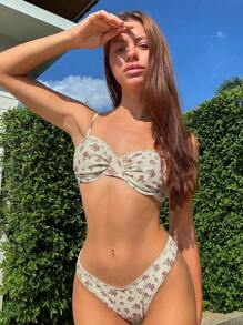 Swim Mod 2 件夏季海滩随机花卉印花钢圈聚拢荷叶边泳衣套装，可爱女式两件套比基尼 - 彩色 - 查看 5