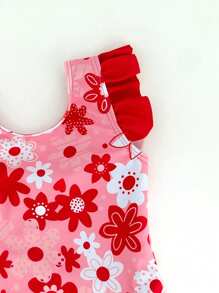SHEIN Traje de baño una pieza con flores digitales estampadas en poliéster para niñas bebés con broche en la entrepierna - Multicolor - Ver 3