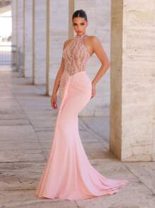 Glamrae 优雅奢华粉色手工刺绣珍珠领性感透明荷叶边鱼尾裙配腰带，适合女士正式晚礼服、派对礼服，适合婚礼宾客 - 粉色 - 查看 7