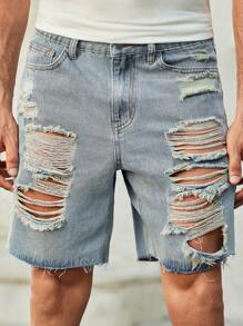 Manfinity VCAY Men's Casual Light Color Ripped Denim Shorts, Fashionable Men Ripped Jeans Shorts Distressed Jorts Men Casual Ripped Denim Shorts Ripped Jorts Jorts - Blue - View 4