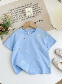 SHEIN LMoss Kids Áo thun cổ tròn rộng rãi thêu họa tiết cho bé gái - Màu xanh lam - Xem 5
