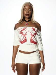 SUMWON WOMEN Off Shoulder Angel Graphic Crop Top With Shirred Waist Band Gothic Renaissance Style Festival Dance Party Clubwear - White - View 7