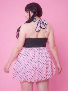 ROMWE Kawaii J-Fashion Shibuya Girl Y2K 波点印花蝴蝶结装饰吊带大码连衣裙 - 黑色 - 查看 7