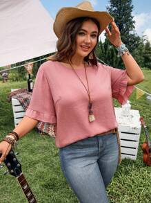 EMERY ROSE Blusa de verano con mangas con volantes de unicolor y talla grande, estilo casual de vacaciones, playa, para vacaciones de verano, concierto country, estilo bohemio, vacaciones, ropa occidental para mujer de talla grande, top para fiesta - Verde Oscuro - Ver 5