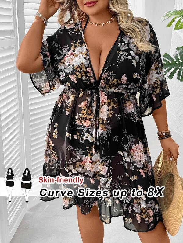 SHEIN CURVE+ Set bikini cu imprimeu floral, legături în față și volane, fără costum de baie, ținute de vară și plajă pentru femei/Rochie de plajă/Ținute de vacanță pe plajă/Esențe de plajă/Rochii de absolvire/petrecere de ceai/vară/style rustic/Ținute de vacanță pe plajă/Ținute de plajă/Ținute de plajă