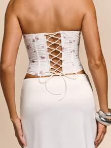 Glamine 女式白色碎花荷叶边饰边系带后背网眼刺绣露肩束身衣抹胸上衣，夏季，女士夏季服装，抹胸，女士束身衣上衣