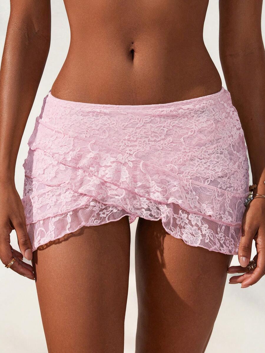 Swim Mod 女士优雅甜美双层荷叶边镂空蕾丝迷你裙