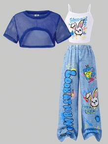 SHEIN 3-teiliges Mädchen Set aus einfarbigem Crop Top, Tanktop mit Häschenprint und Hose mit Denim-Optik und Häschenprint