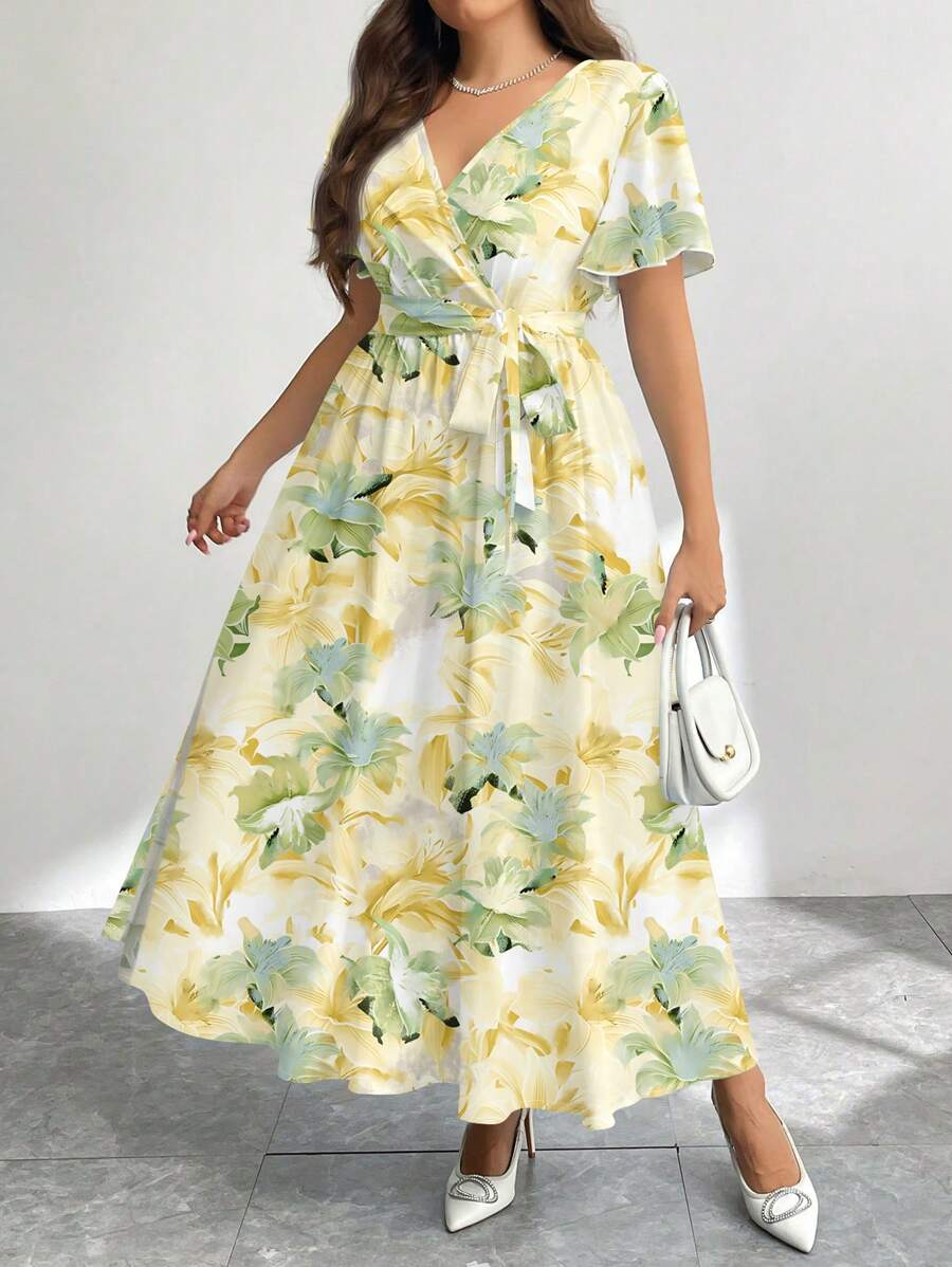 Firerie 大码休闲复古花朵图案宽松连衣裙，适合秋冬季 - 黃色 - 查看 1