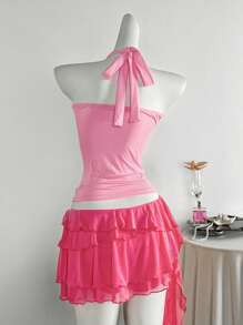 粉色女童露背褶皱修身夏季度假背心，海边野餐，蝴蝶结，吊带，粉色夏季上衣 - 粉色 - 查看 3