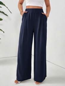 SHEIN Frenchy Women's Basic Solid Color Pleated Pocket Casual Loose Pants,Cargo Pants Winter Blue Spring - Navy Blue - View 4