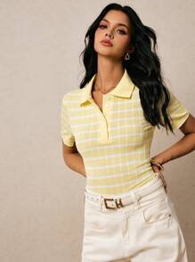 Poéselle 女式夏季条纹短袖 Polo 领休闲 T 恤 - 黃色 - 查看 4