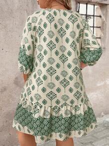 EMERY ROSE 大码时尚波西米亚风流苏七分袖休闲直筒连衣裙 - 杏色 - 查看 2